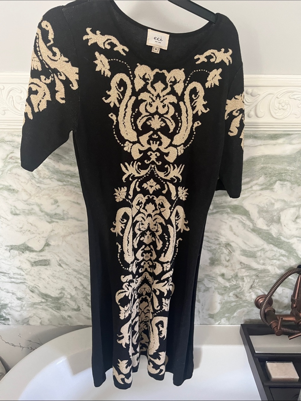 eci Black Dress with gold Baroque Jacquard